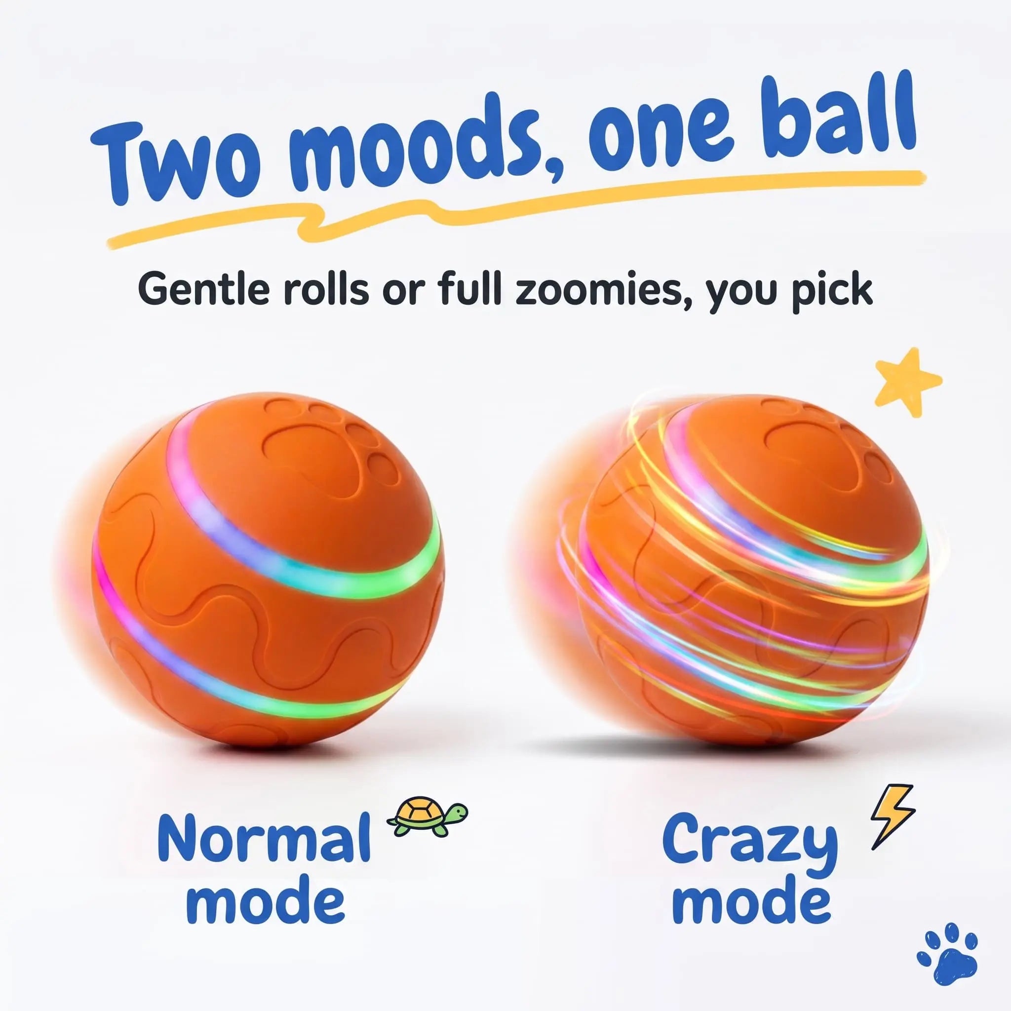 BorkBall Disco 2 mode interactive dog ball comparing gentle normal mode and fast crazy mode