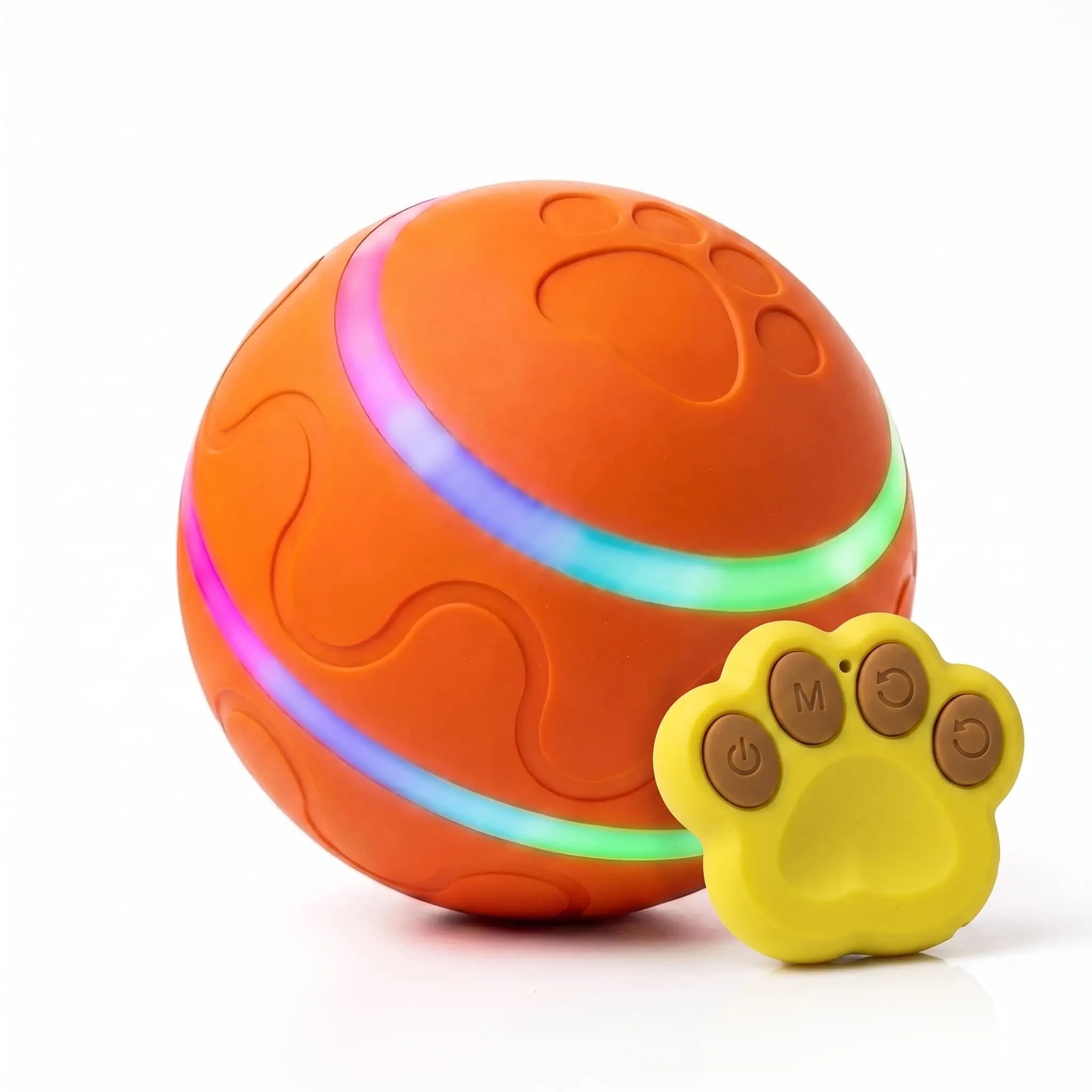 BorkBall Disco orange interactive dog ball with paw shaped remote control on white background