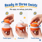 Three step guide to open, power on and close the BorkBall Disco smart dog ball, no app needed