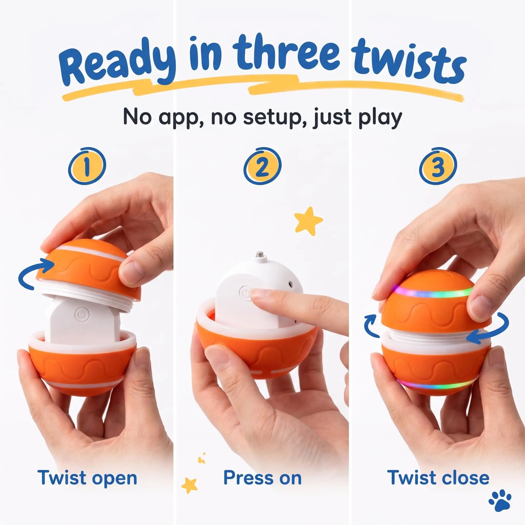 Three step guide to open, power on and close the BorkBall Disco smart dog ball, no app needed