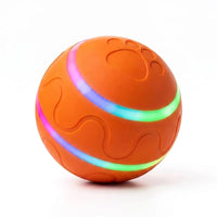 BorkBall Disco orange interactive dog ball with glowing rainbow LED stripes and paw print emboss on white background