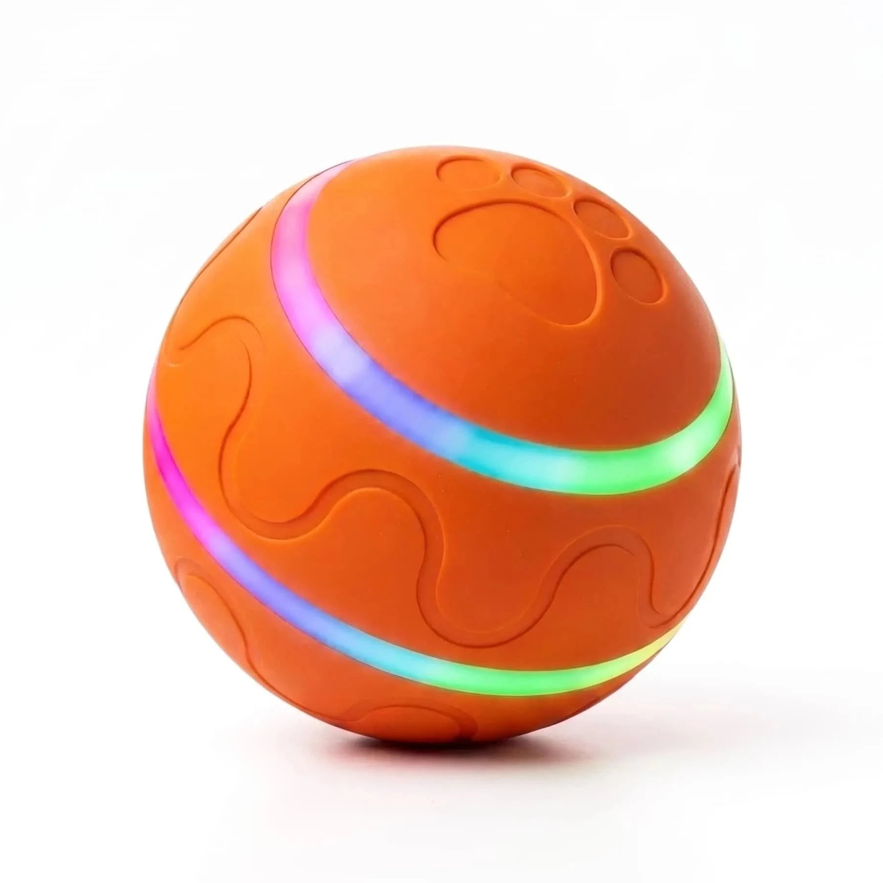 BorkBall Disco orange interactive dog ball with glowing rainbow LED stripes and paw print emboss on white background