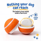 BorkBall Disco interactive dog toy opened to show the battery sealed inside a hard protective core