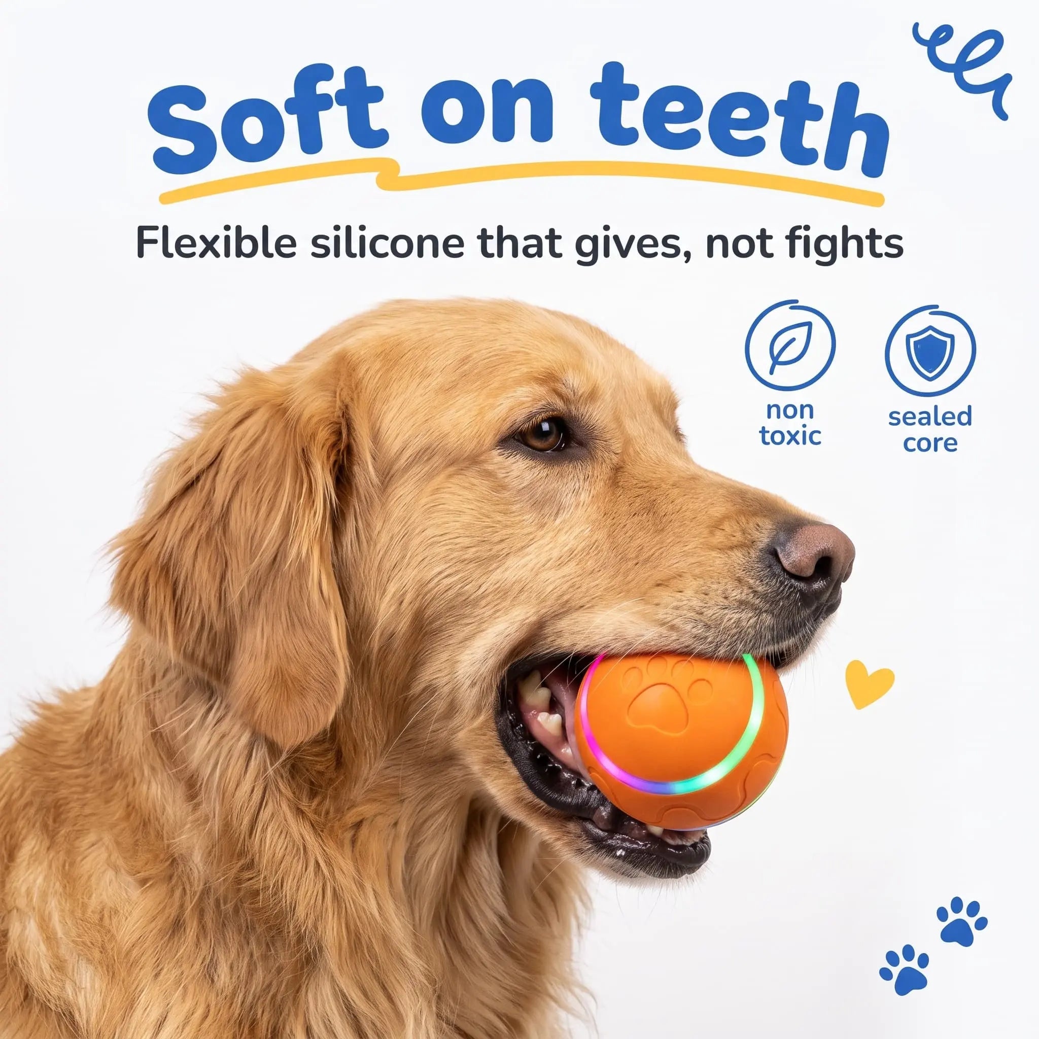 BorkBall Disco soft silicone dog ball carried gently in a Golden Retriever mouth, safe on teeth