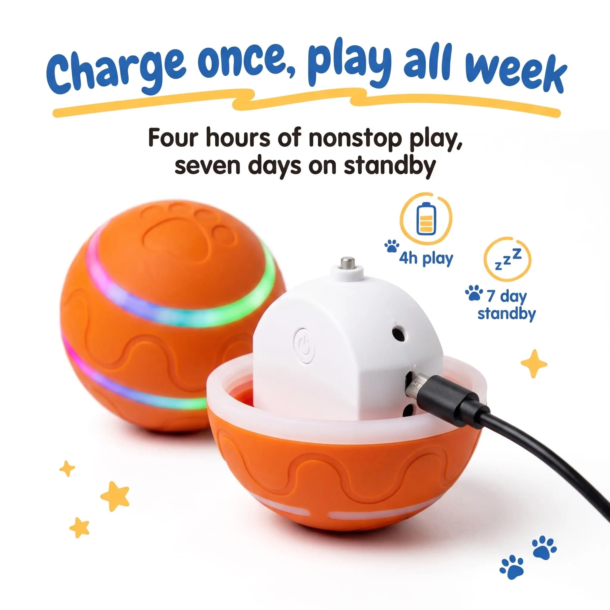 BorkBall Disco USB rechargeable dog ball charging, with 4 hour play time and 7 day standby