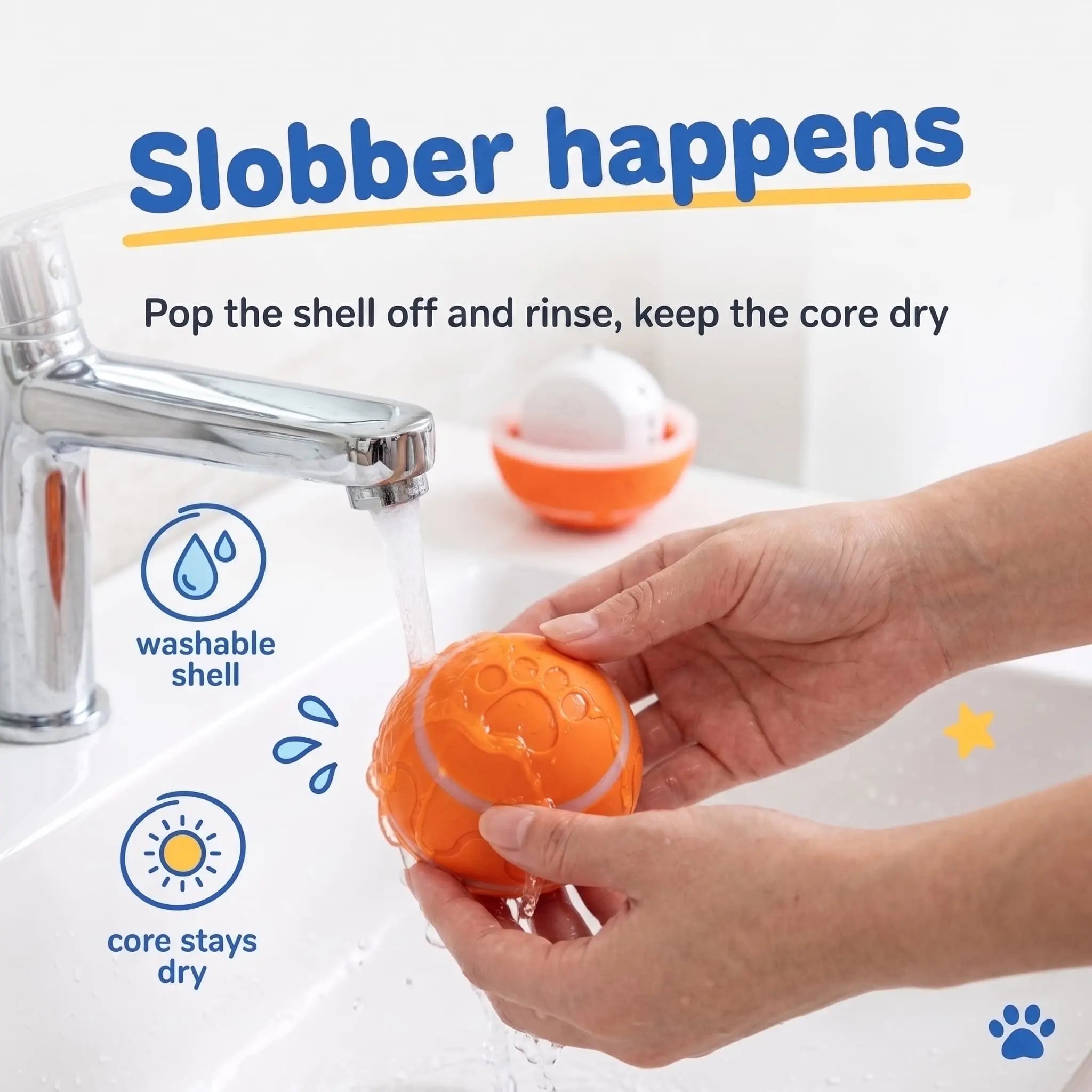 Hands rinsing the washable silicone shell of the BorkBall Disco dog ball while the core stays dry