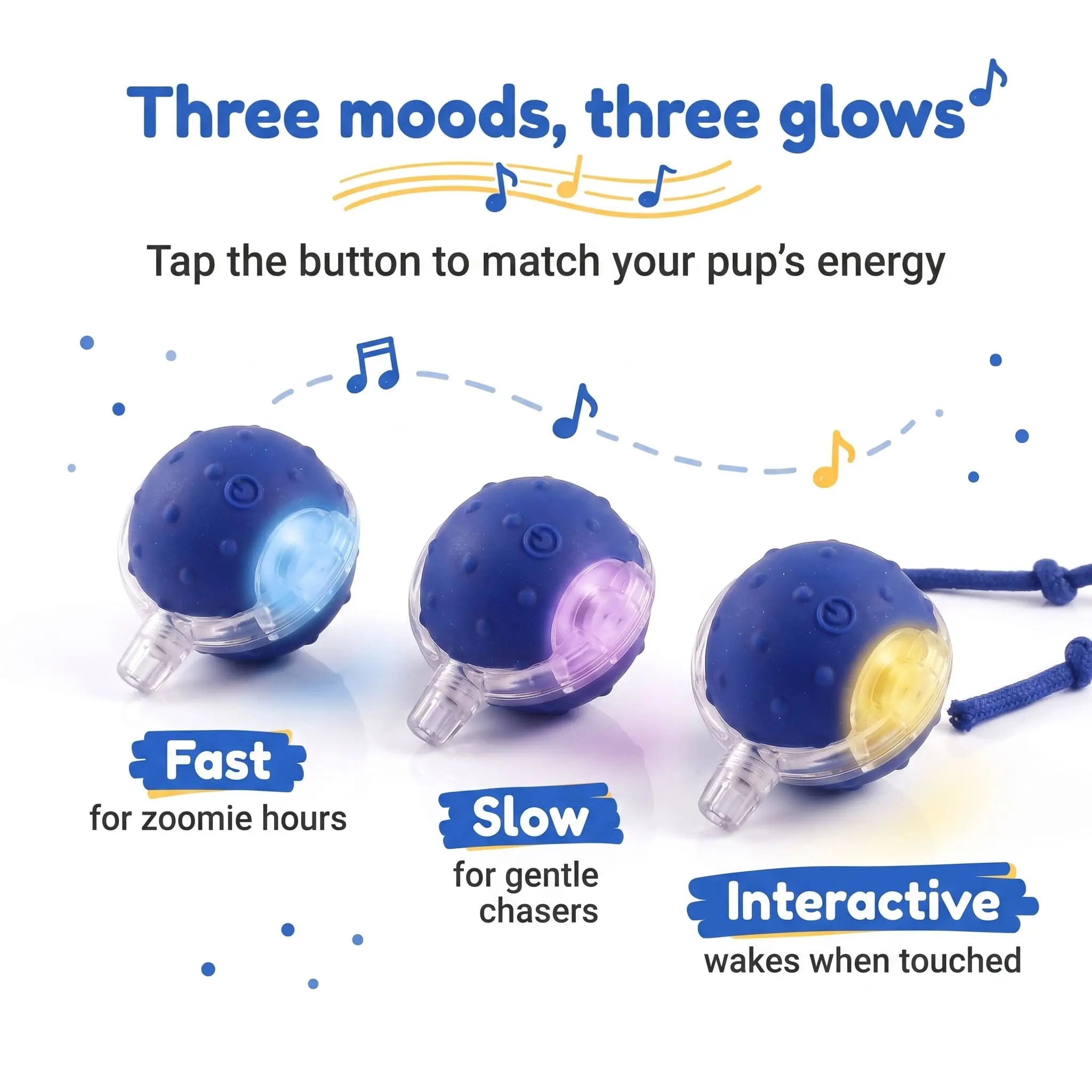 Three BorkBall Nub balls glowing blue, purple and yellow for fast, slow and interactive play