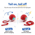 BorkBall Nub detachable rope dog ball shown with tail attached and removed for faster rolling