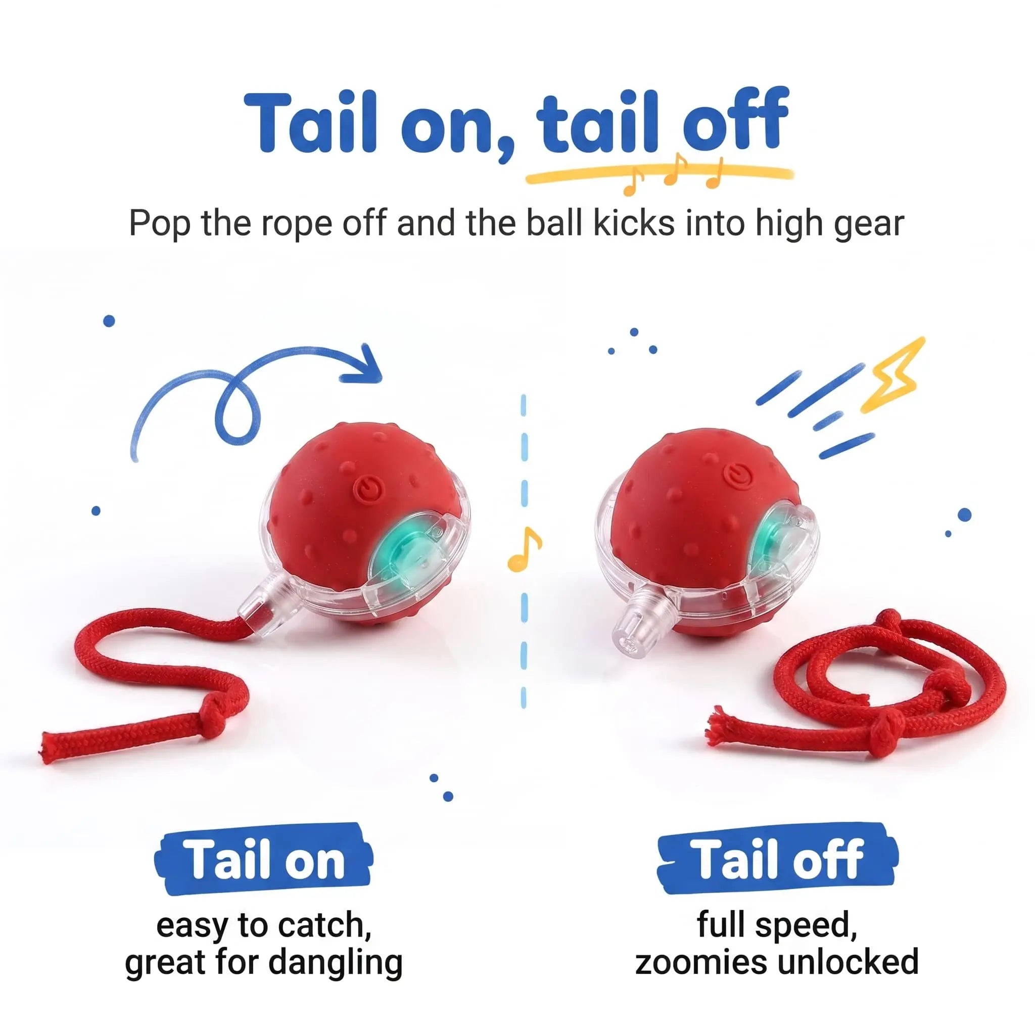 BorkBall Nub detachable rope dog ball shown with tail attached and removed for faster rolling