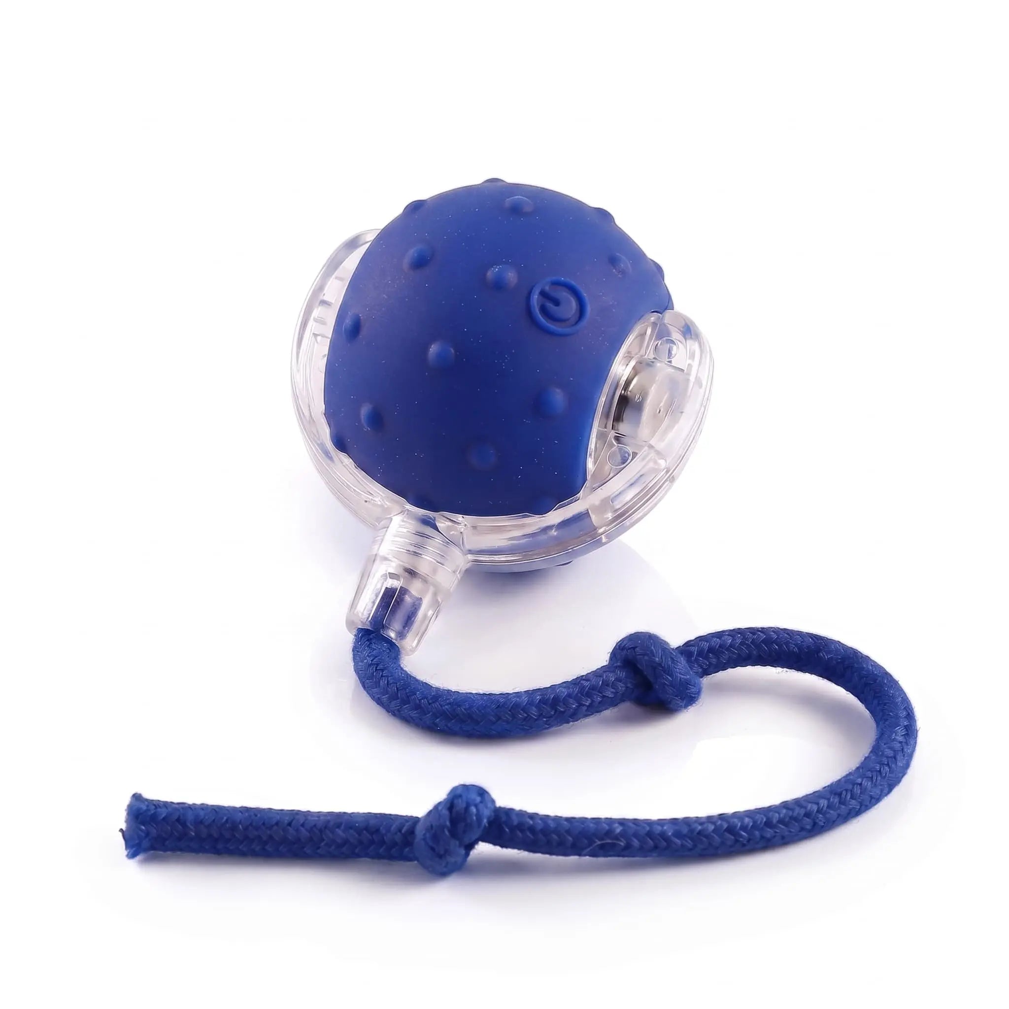 BorkBall Nub blue interactive pet ball with tail rope in clear housing for small pups