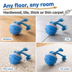 BorkBall Tug rolling on hardwood, tile, thick carpet and thin rug to show it works on any floor