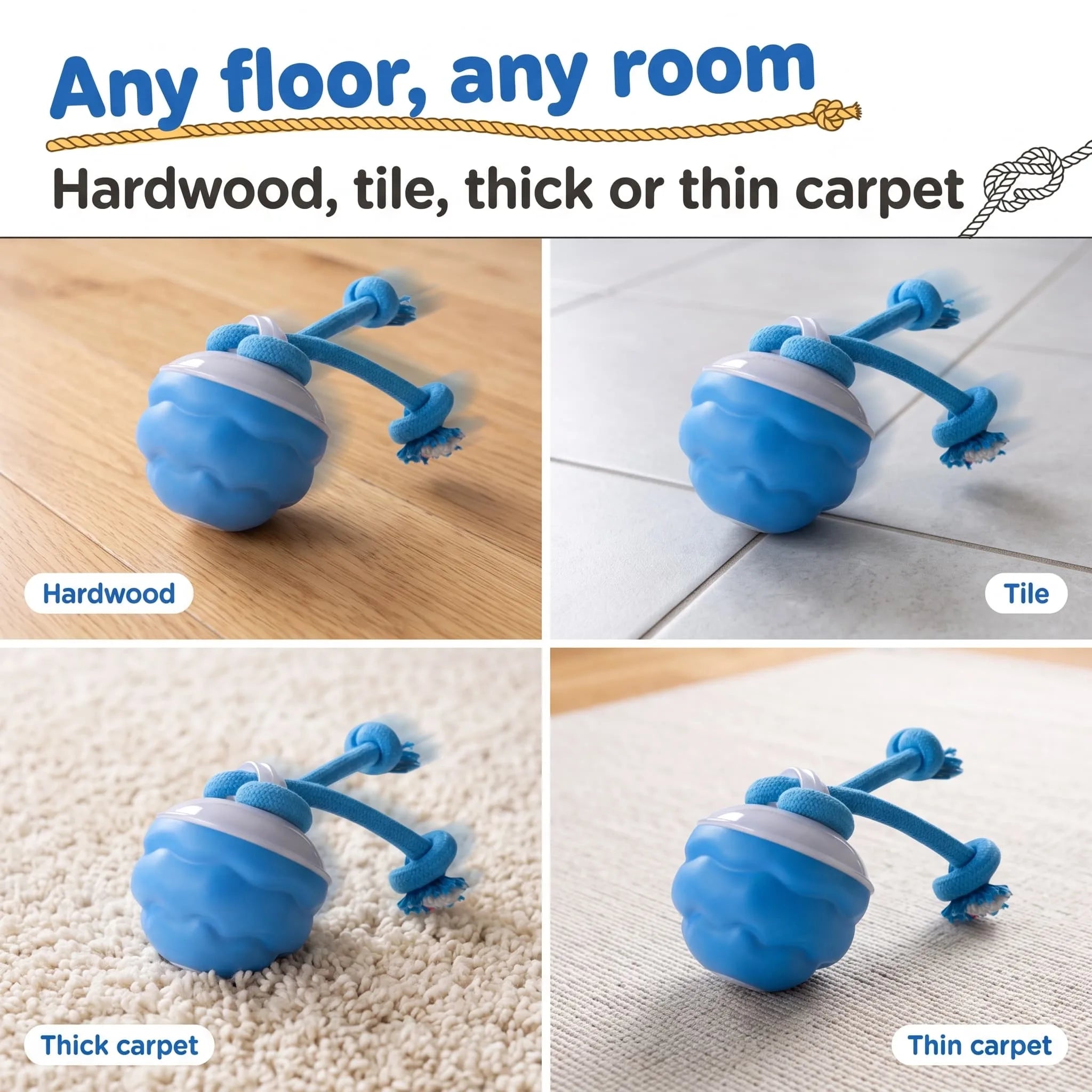 BorkBall Tug rolling on hardwood, tile, thick carpet and thin rug to show it works on any floor