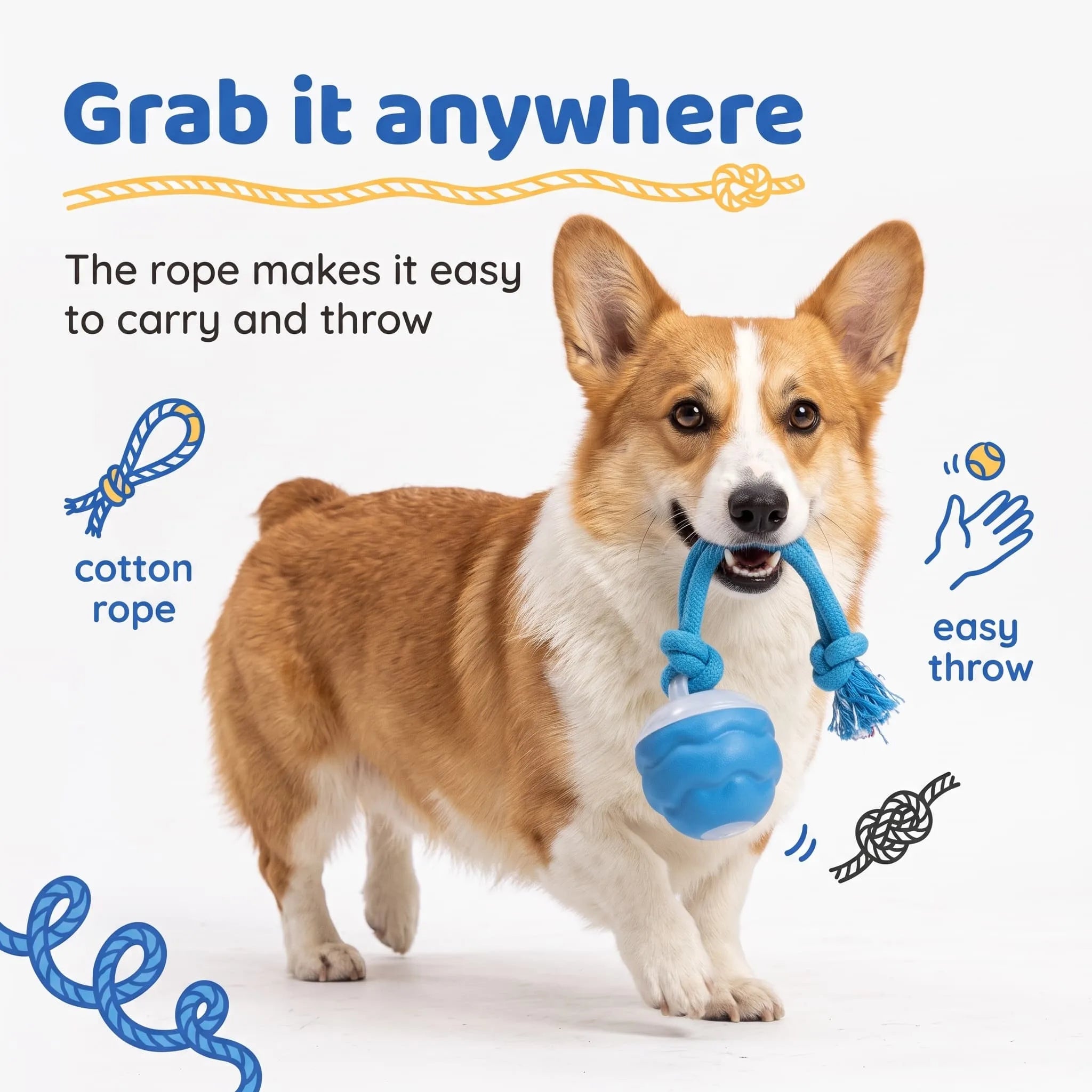 Corgi carrying the BorkBall Tug dog ball by its cotton rope, easy to grab and throw