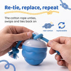 Hands tying the replaceable cotton rope onto the BorkBall Tug dog toy through its top loop