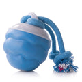 BorkBall Tug blue smart rolling dog ball with attached cotton tug rope on white background