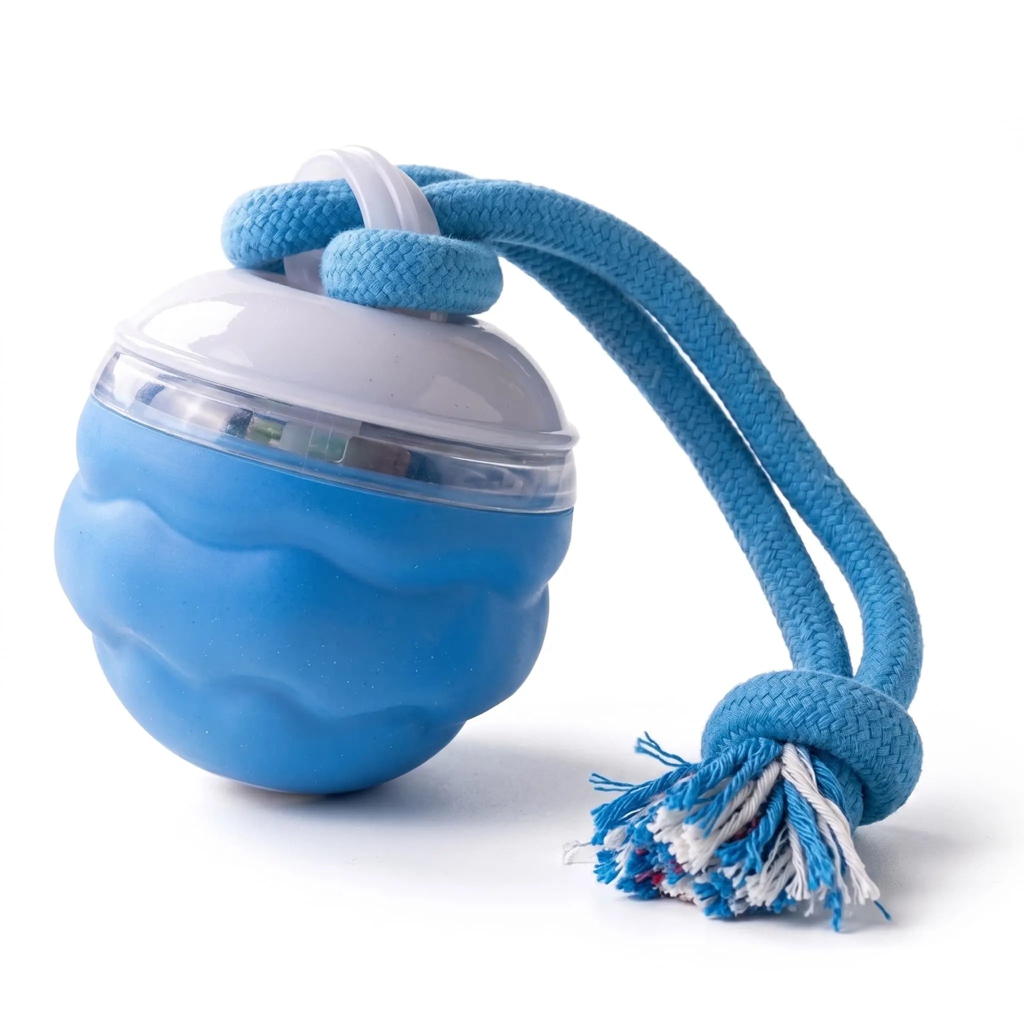BorkBall Tug blue smart rolling dog ball with attached cotton tug rope on white background