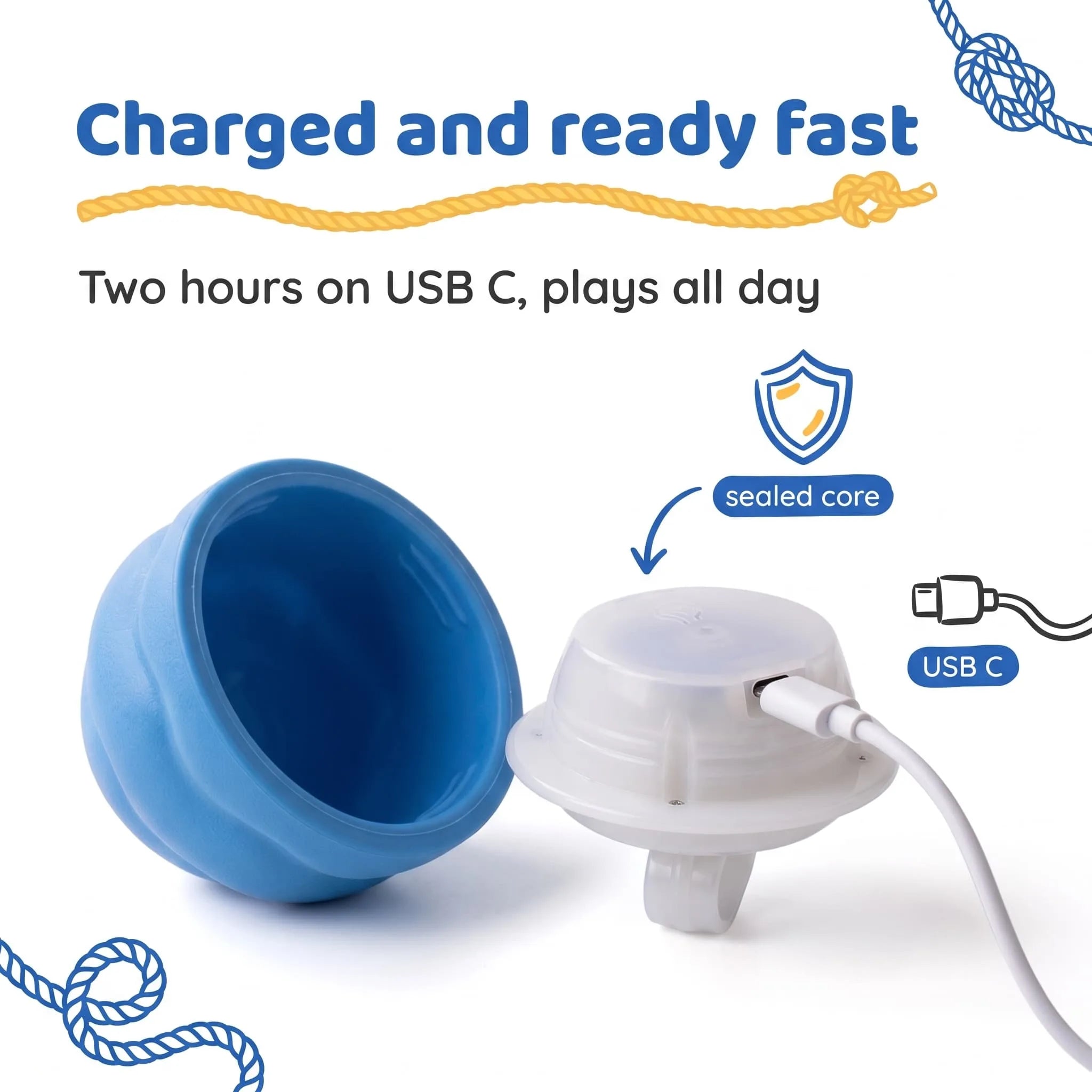 BorkBall Tug USB C rechargeable dog ball opened to show its sealed core charging in two hours