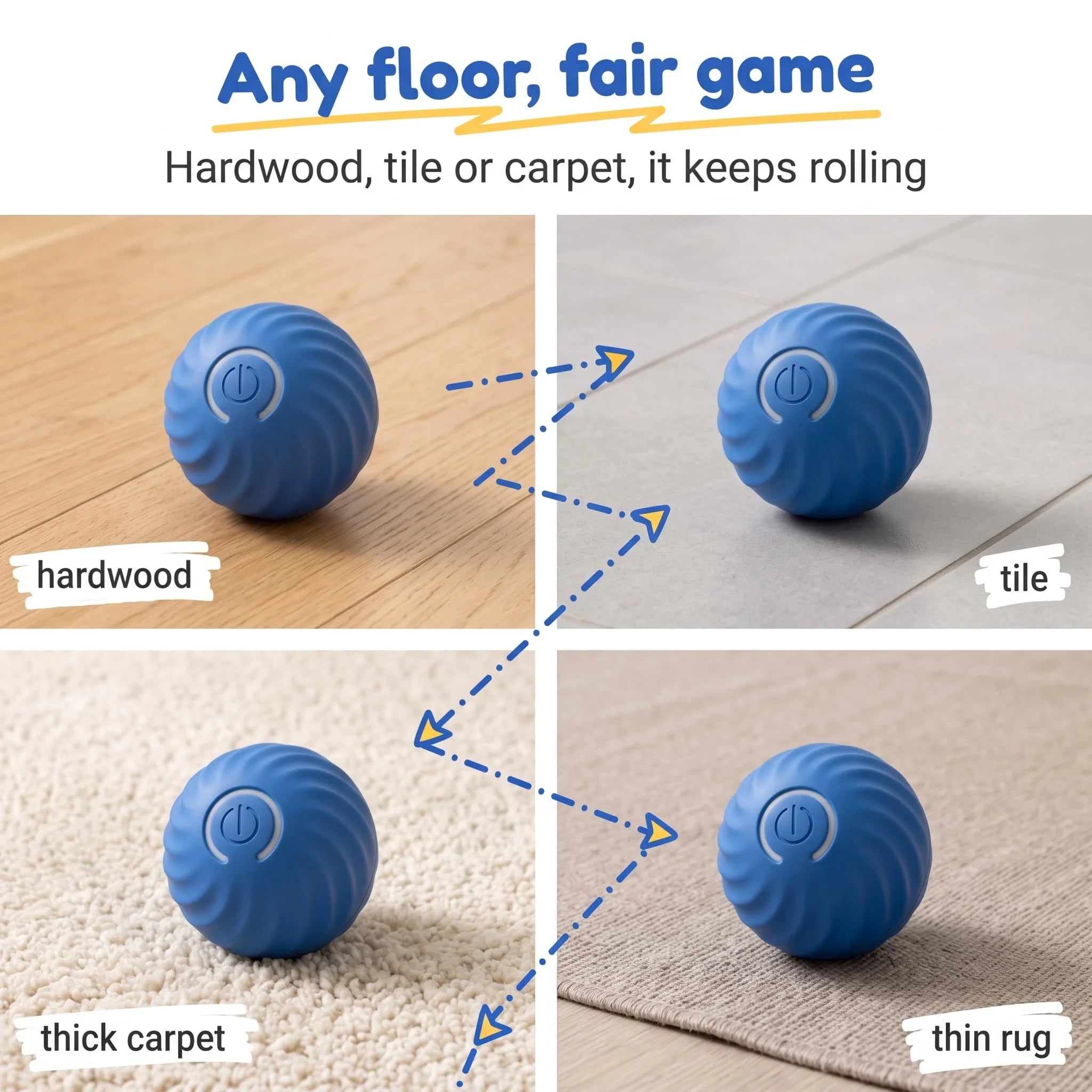 BorkBall Zoom rolling on hardwood, tile, thick carpet and thin rug in a four floor grid