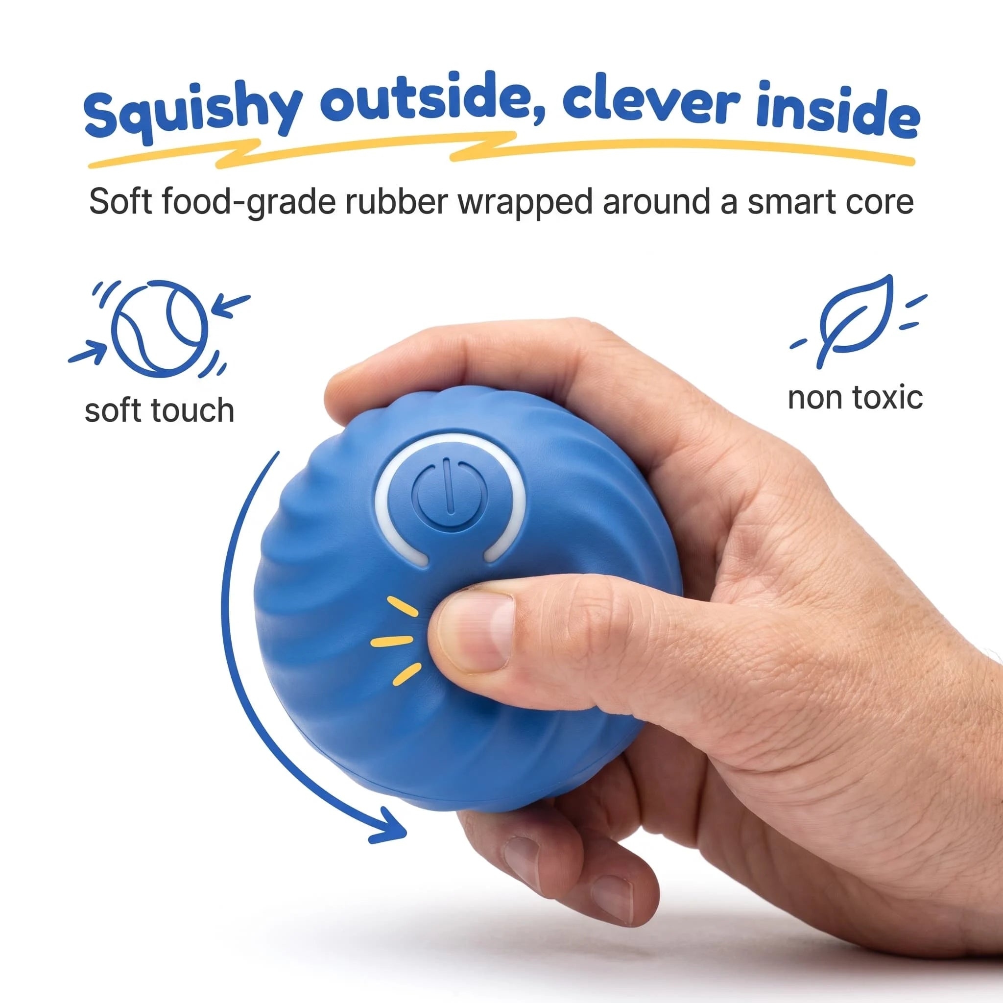 Hand squeezing the BorkBall Zoom showing its flexible pet safe rubber shell