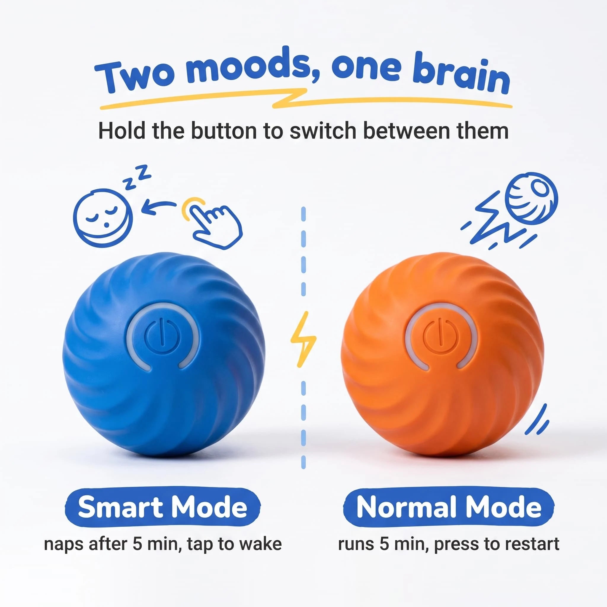 BorkBall Zoom smart mode and normal mode compared side by side in blue and orange