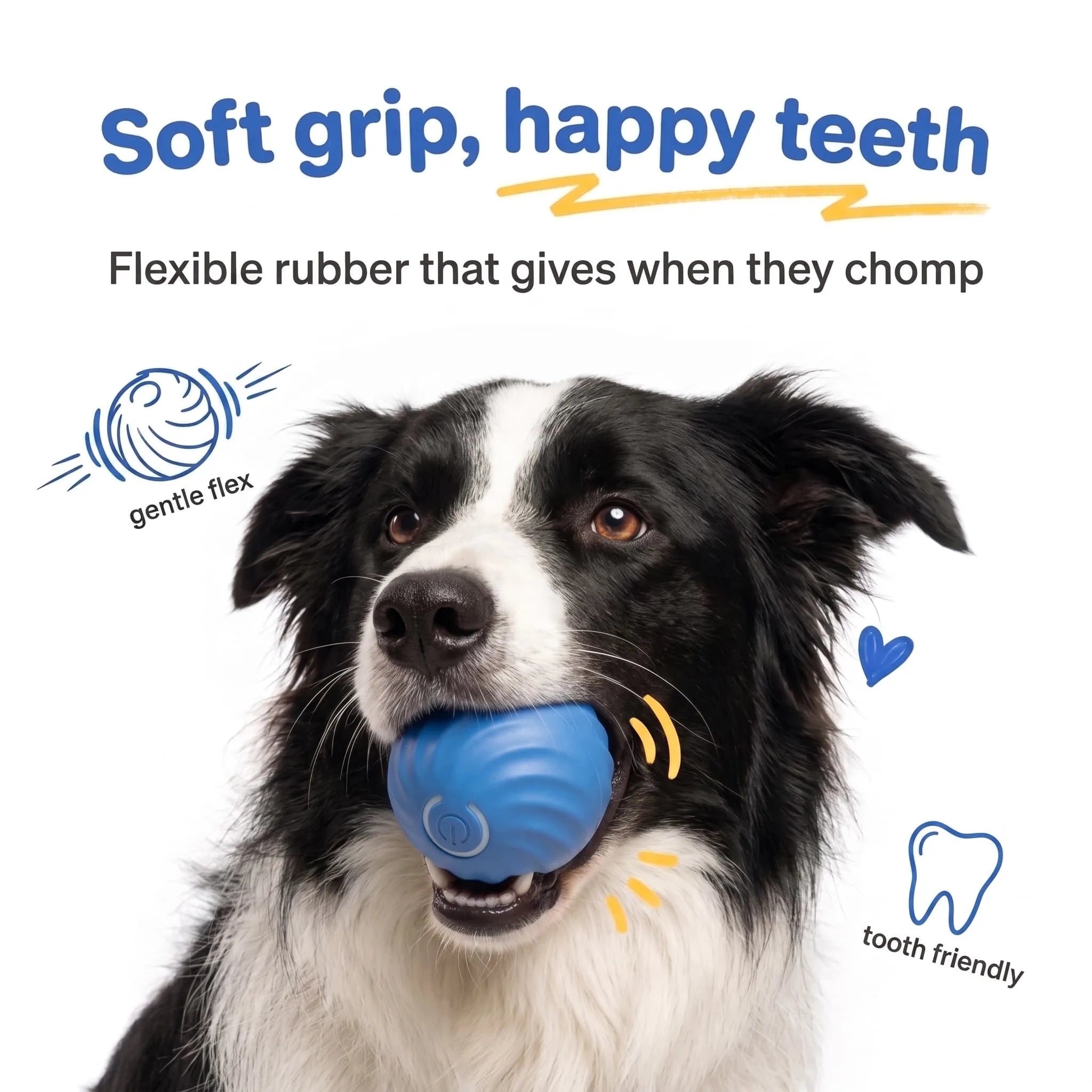 Border Collie gently holding the soft rubber BorkBall Zoom, flexible on dog teeth