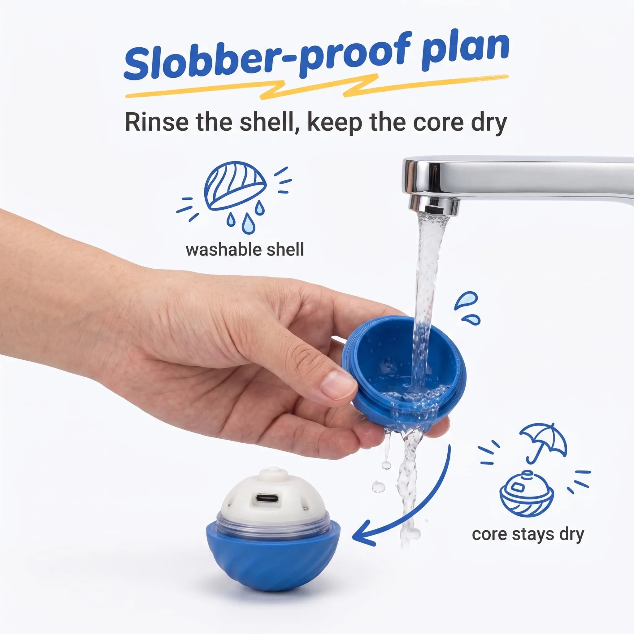 Rinsing the washable shell of the BorkBall Zoom while the smart core stays dry