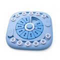 Blue plastic dog puzzle toy with sliding paw print covers and bone shaped flip lids