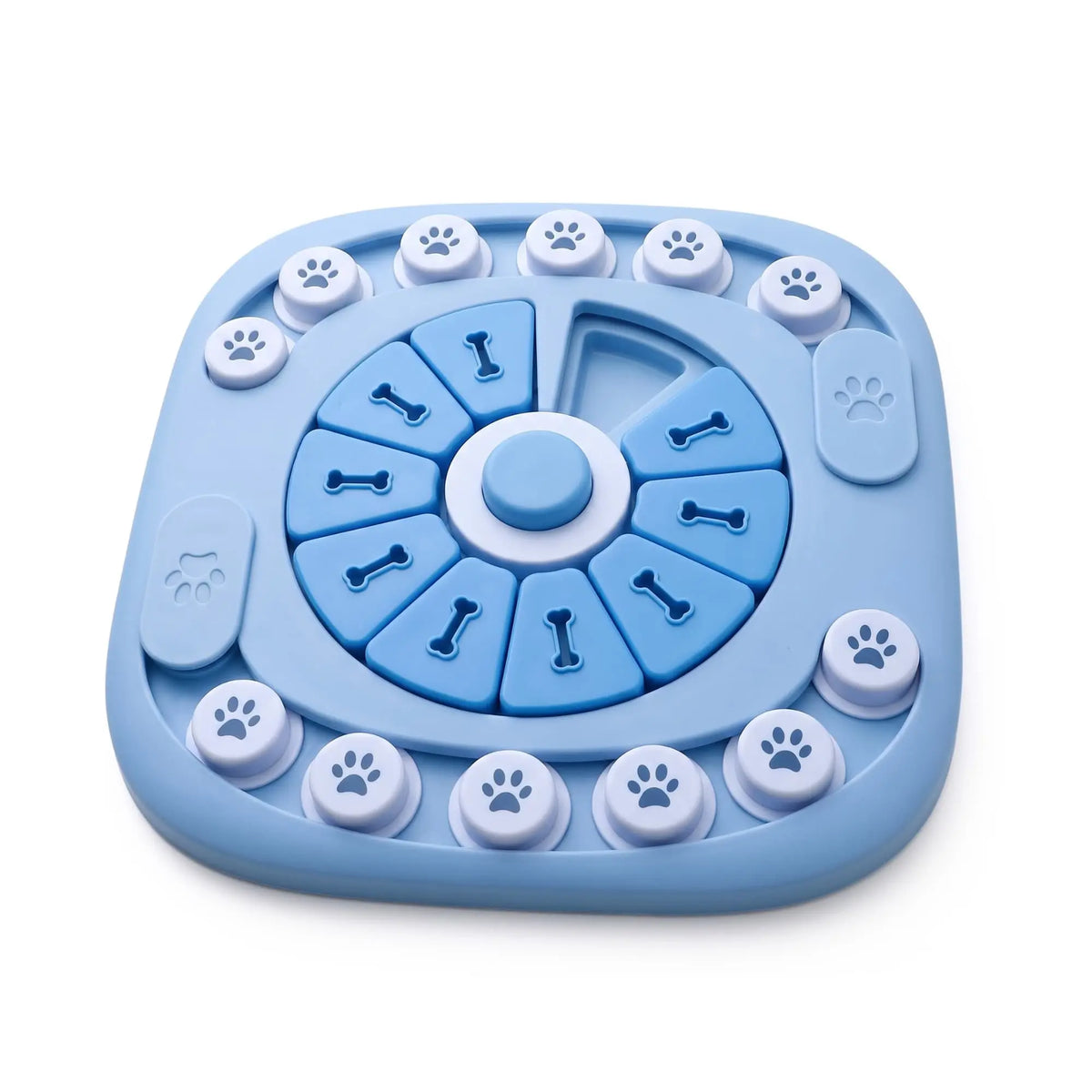 Blue plastic dog puzzle toy with sliding paw print covers and bone shaped flip lids