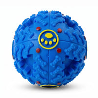 Blue rubber treat dispensing dog ball with raised bone texture and a treat opening
